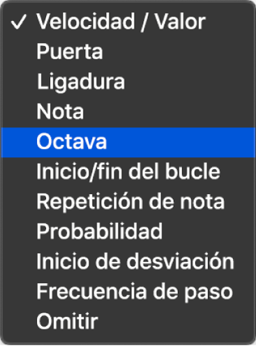 Menú desplegable del selector de modo de edición del secuenciador de pasos.