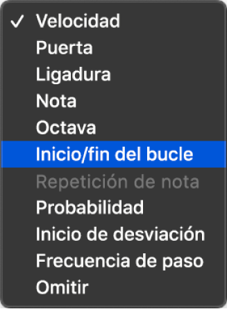 Menú desplegable “Modo de edición” del secuenciador de pasos abierto en una subfila, que muestra los diferentes modos de edición.