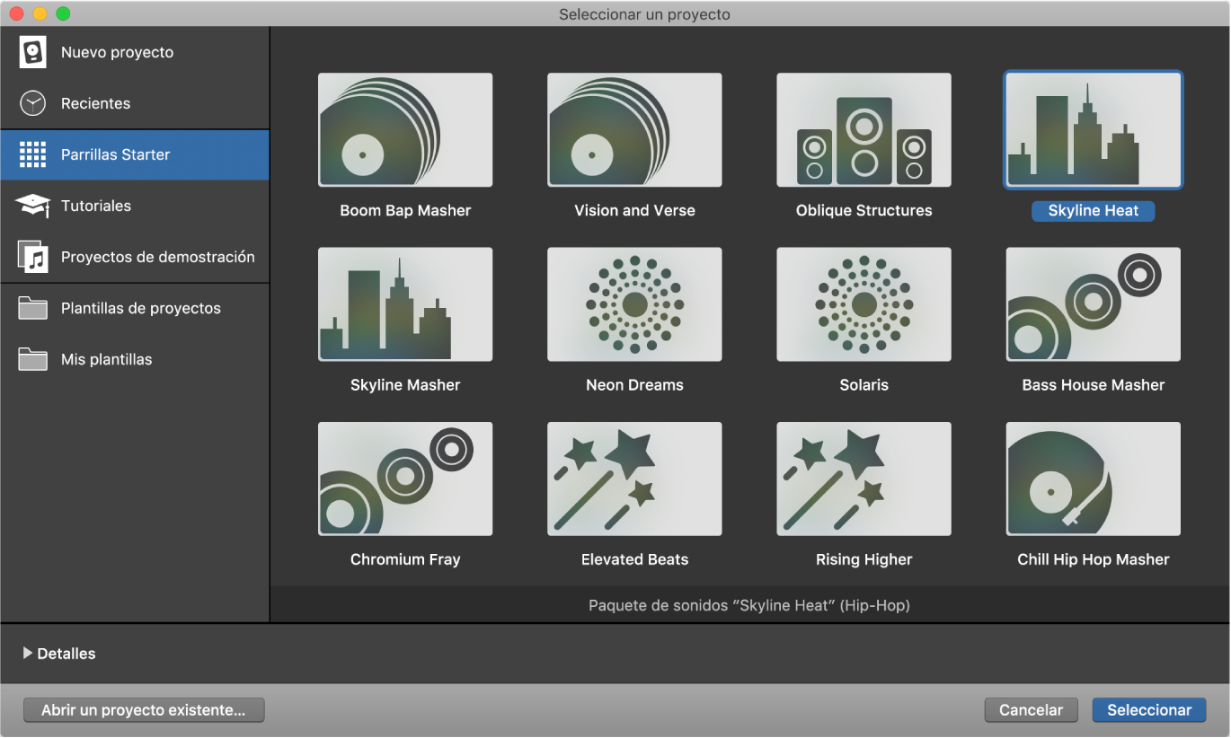 Ilustración. Selector del proyecto que muestra las parrillas de inicio de Live Loops.