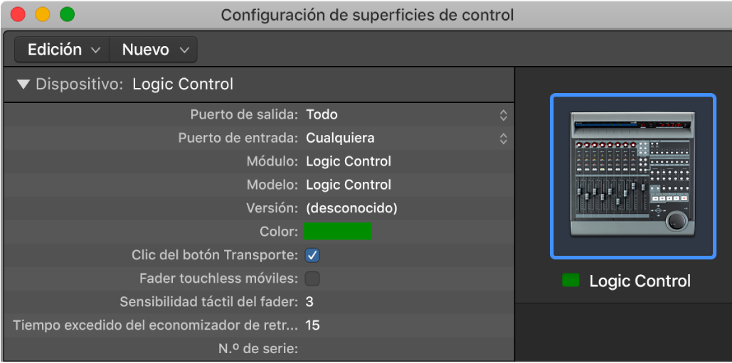 Ilustración. Imagen de los parámetros de Dispositivo en la ventana “Superficies de control”.