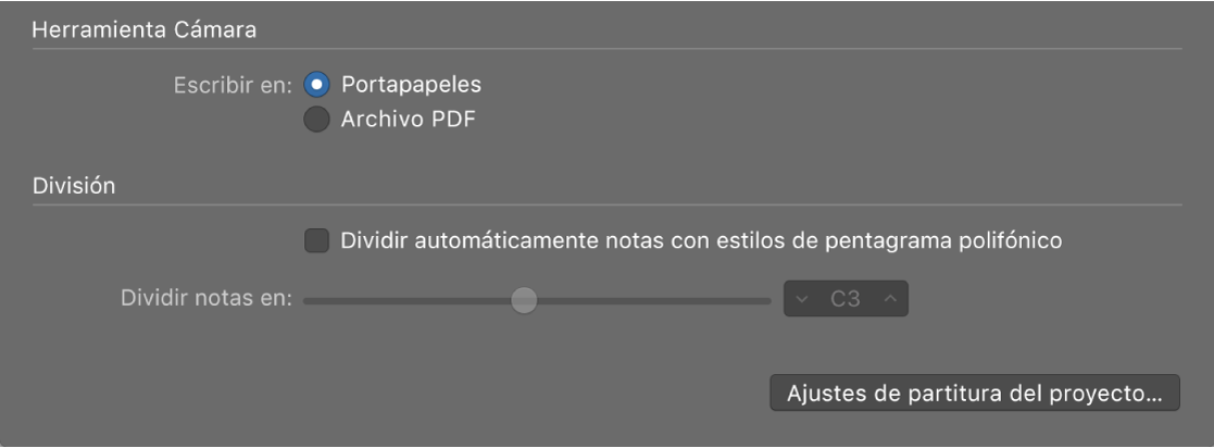 Ilustración. Ajustes de la herramienta Cámara en el panel de preferencias Partitura.
