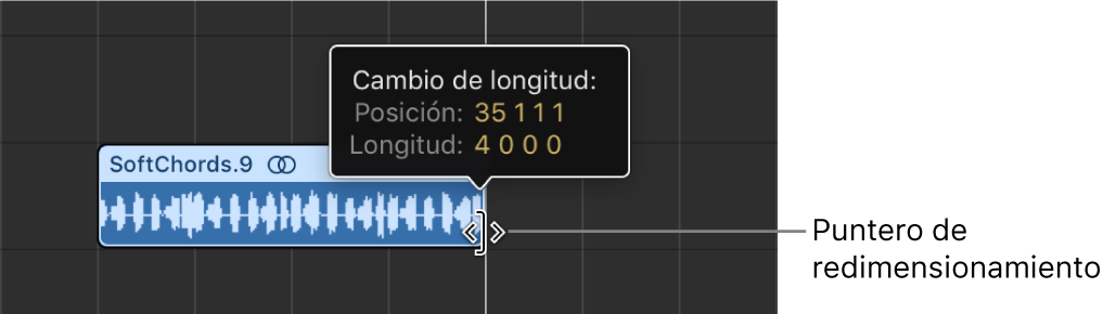 Ilustración. Se está cambiando el tamaño de un pasaje en el área Pistas. La etiqueta de ayuda muestra la longitud del pasaje.