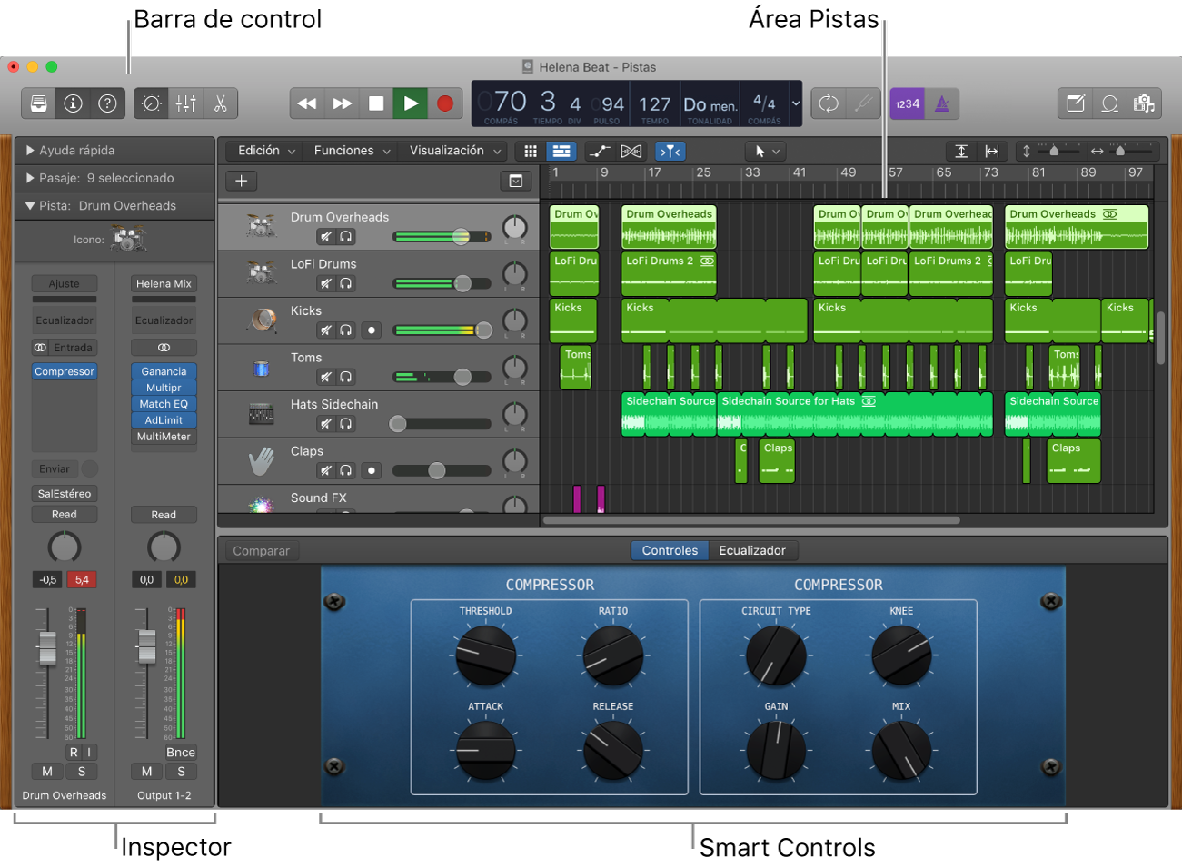 Ilustración. Ventana principal de Logic Pro con las áreas de trabajo principales.