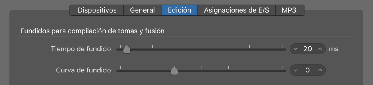 Ilustración. Preferencias de edición de Audio con parámetros de fundido cruzado.