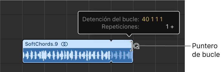 Ilustración. Se está reproduciendo un pasaje en bucle en el área Pistas. La etiqueta de ayuda muestra la longitud del pasaje y el número de repeticiones.