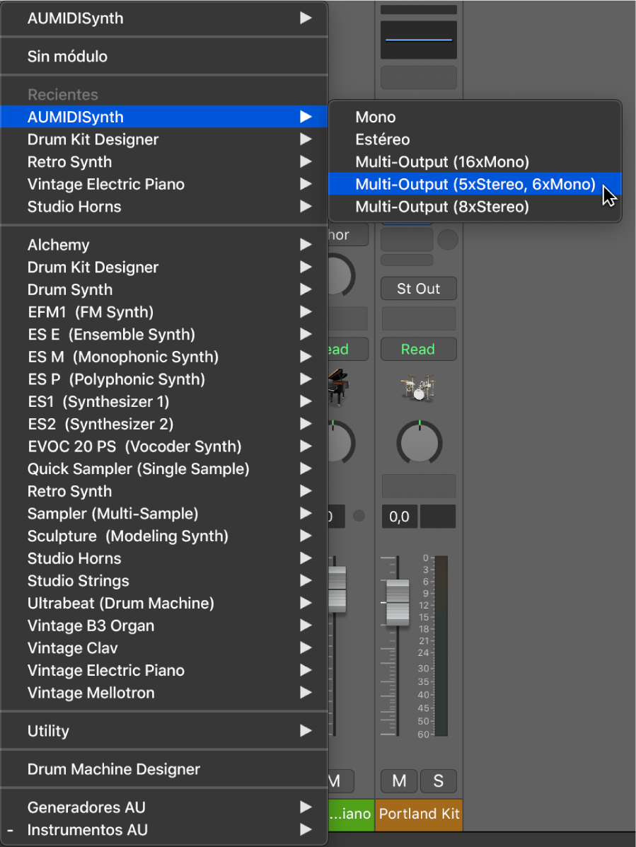 Ilustración. Menú desplegable de la ranura del instrumento con la opción de multisalida de Sampler.