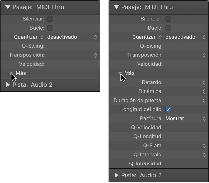 Ilustración. Par de imágenes con parámetros de cuantización de pasajes de audio y MIDI en el inspector de pasajes.