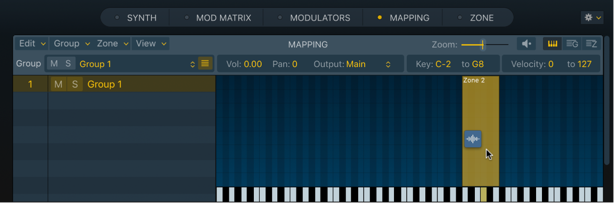 Figure. Éditeur de mappage de touche de Sampler montrant un fichier audio en cours de glissement sur une zone vide.