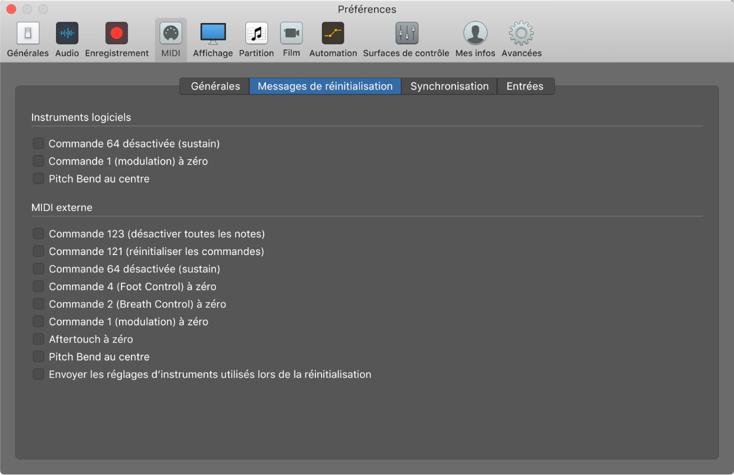 Figure. Préférences des messages de réinitialisation MIDI.