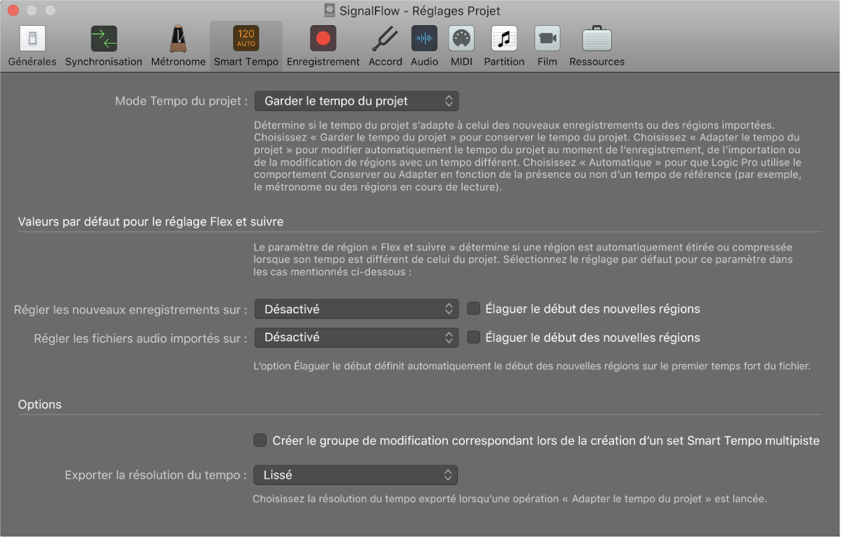 Figure. Réglages Smart Tempo.