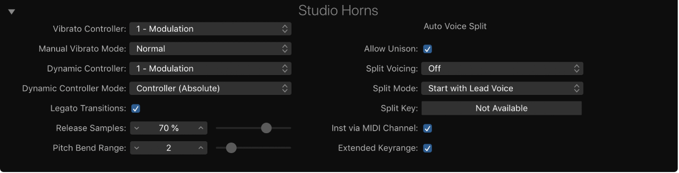 Figure. Paramètres étendus de Studio Horns.