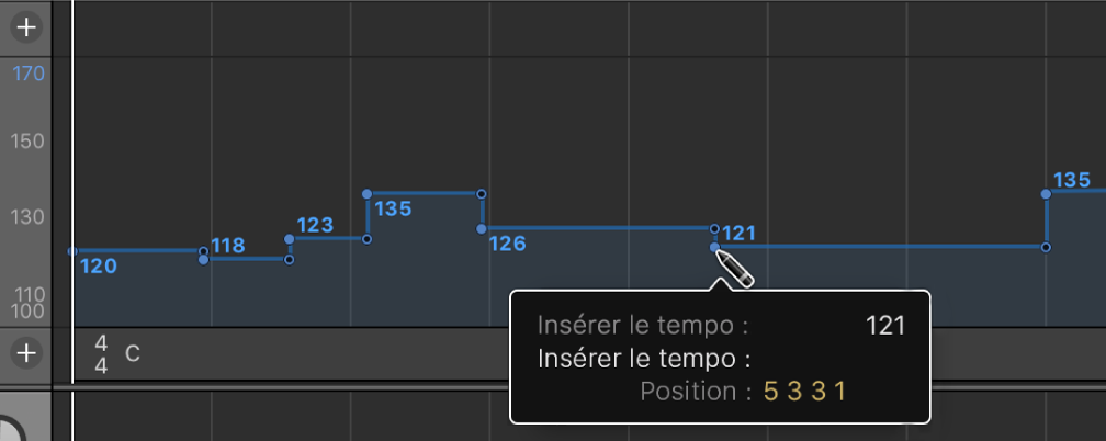 Figure. Insertion d’un événement de changement de tempo à l’aide de l’outil Crayon.