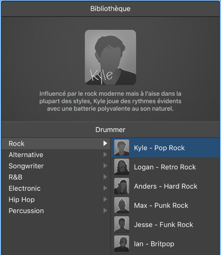 Figure. Bibliothèque affichant les genres Drummer et les drummers disponibles.