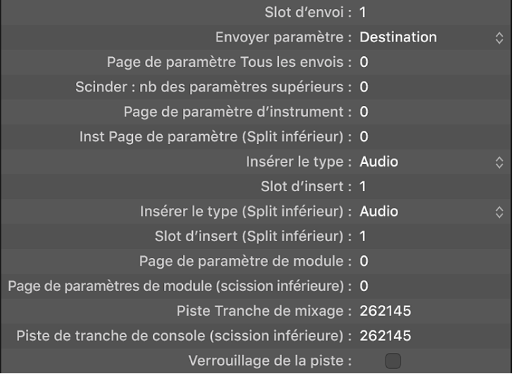 Figure. Paramètres d’envoi et de module de groupe de surfaces de contrôle.