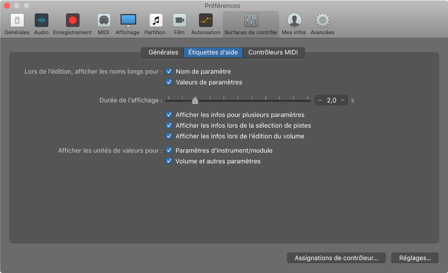 Figure. Préférences des bulles d’aide de Logic Pro