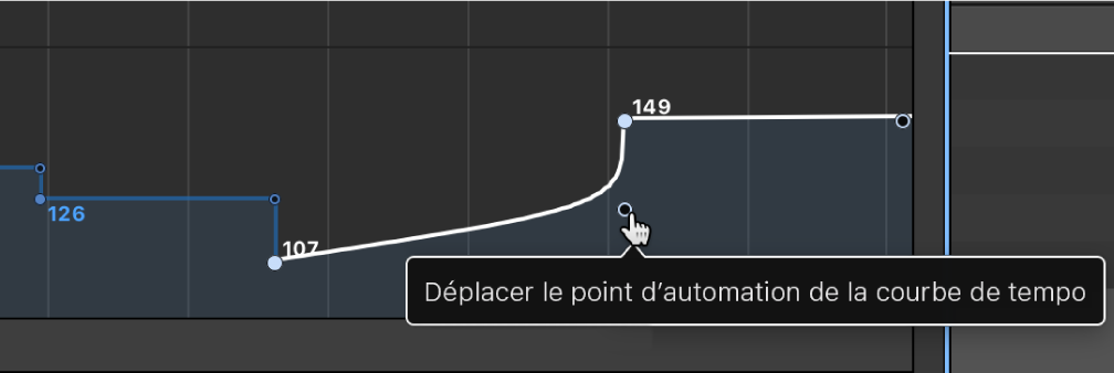 Figure. Glissement de l’extrémité de la ligne à angle droit pour créer une courbe de tempo.