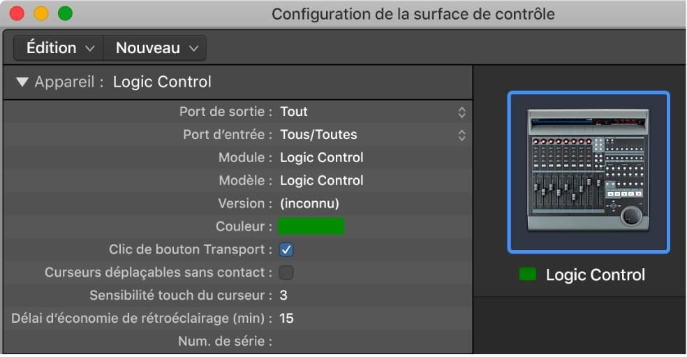 Figure. Image des paramètres des appareils dans la fenêtre Surfaces de contrôles.