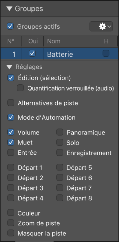 Figure. Fenêtre des réglages de groupe avec les options sélectionnées.