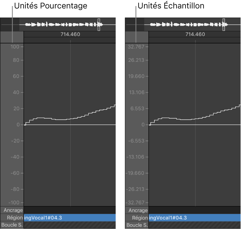 Figure. Échelle d’amplitude de la forme d’onde affichée en unités de pourcentage et en unités d’échantillons