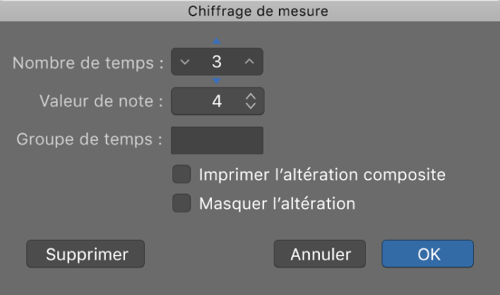 Figure. Zone de dialogue Chiffrage de mesure avec valeur sélectionnée.