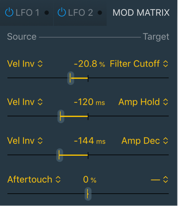 Figure. Sous-fenêtre Mod Matrix de Quick Sampler, affichant quatre routages de modulation.