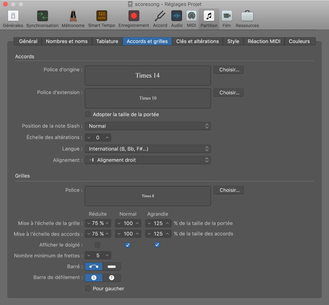 Figure. Sous-fenêtre Accords et grilles dans les réglages de partition du projet