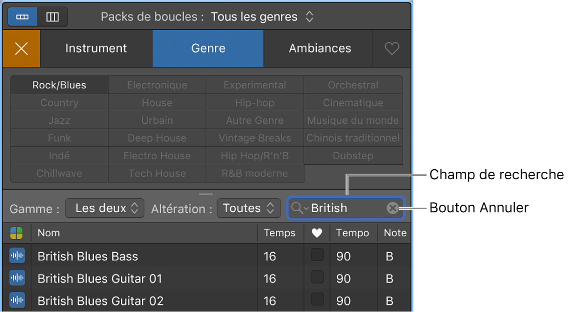 Champ de recherche et bouton Annuler dans le navigateur de boucles.