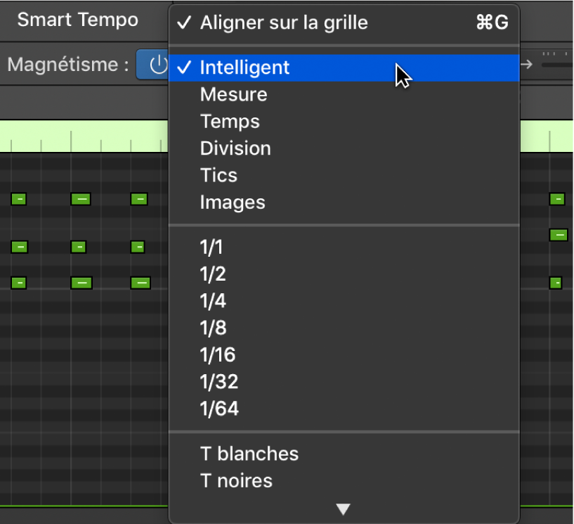 Figure. Menu local Alignement dans la barre des menus de l’éditeur de partition défilante.