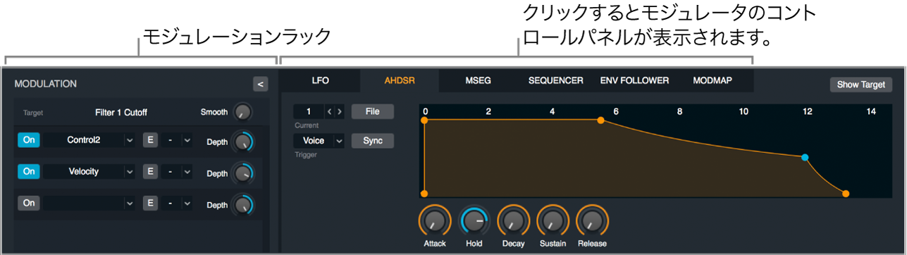 図。モジュレーションラック、モジュレータのコントロールパネルのボタン、AHDSRコントロールパネルが表示されたモジュレーションセクション。