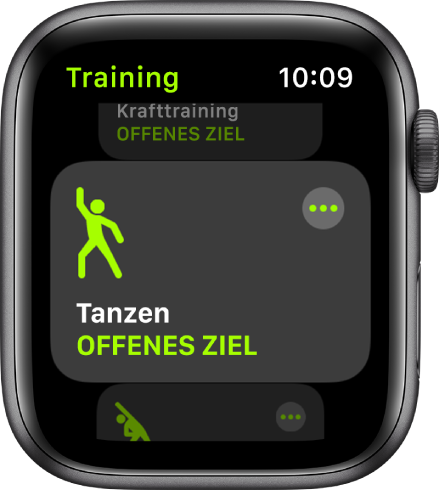 Die Anzeige „Training“ mit hervorgehobenem Training „Tanzen“.