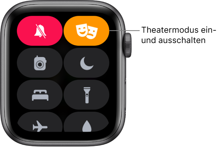 Kontrollzentrum mit den Tasten „Theatermodus“ und „Stummmodus“, die hervorgehoben sind, um zu zeigen, dass der Theatermodus aktiviert ist.