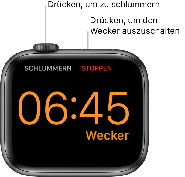 Eine auf der Seite liegende Apple Watch mit einem klingelnden Wecker. Unter der Digital Crown befindet sich das Wort „Schlummern“. Unter der Seitentaste ist das Wort „Stopp“ zu sehen.