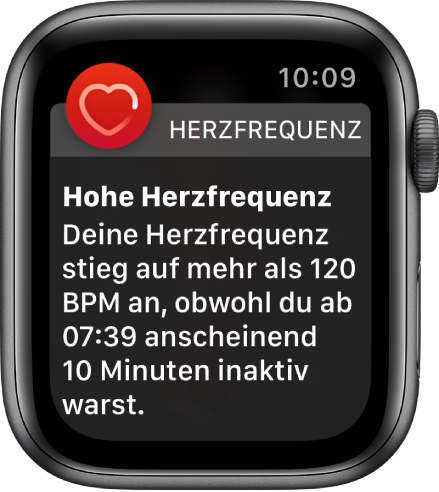 Die Anzeige „Hohe Herzfrequenz“ mit einem Hinweis, dass die Herzfrequenz während einer 10-minütigen Inaktivität über 120 Schläge pro Minute gestiegen ist.