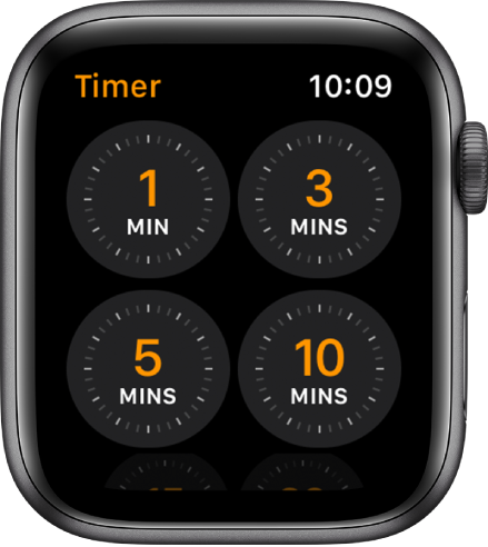 The Timer app screen, showing quick timers for 1, 3, 5, or 10 minutes.