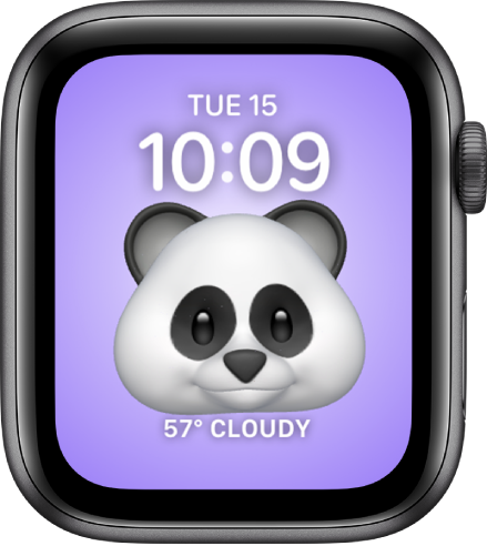 The Memoji watch face, where you can adjust the Memoji character and a bottom complication. Tap the display to animate the Memoji. The date and time are at the top and the Weather complication is at the bottom.