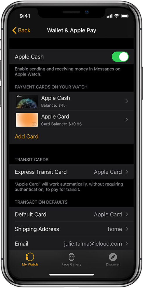 The Wallet & Apple Pay screen in the Apple Watch app on iPhone. The screen shows cards added to Apple Watch, the card you’ve chosen to use for express transit, and transaction defaults settings.