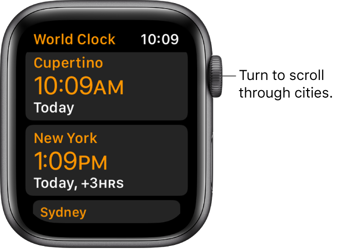 The World Clock app with list of cities and scroll bar.