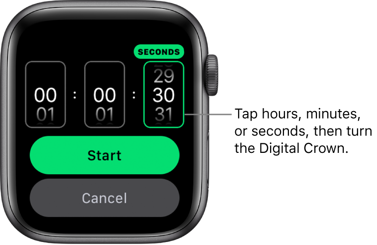 Settings for creating a custom timer, with the hour on the left, the minutes in the middle, and seconds on the right. Start and Cancel buttons are below.