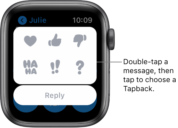 A Messages conversation with Tapback options: heart, thumbs up, thumbs down, Ha Ha, !!, and ?. A Reply button is below.