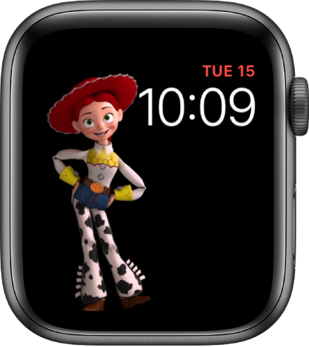 The Toy Story watch face shows the day, date, and time at the top right and an animated Jessie in the left of the screen.