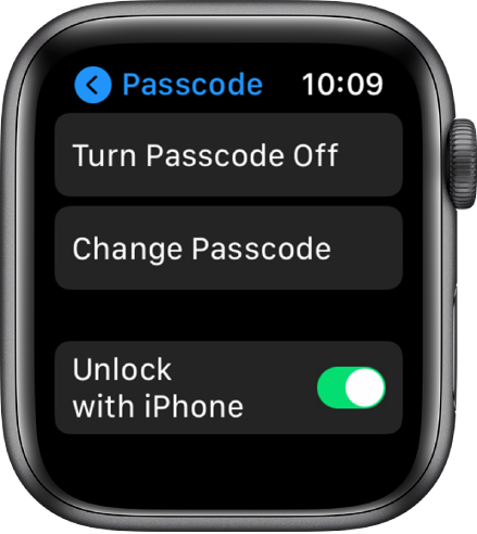 Passcode settings on Apple Watch, with Turn Passcode Off button at top, Change Passcode button below it, and Unlock with iPhone switch at the bottom.