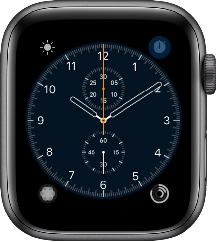 The Chronograph watch face, where you can adjust the face color and details of the dial. It shows four complications: Weather at the top left, Stopwatch at the top right, Breathe at the bottom left, and Activity at the bottom right.