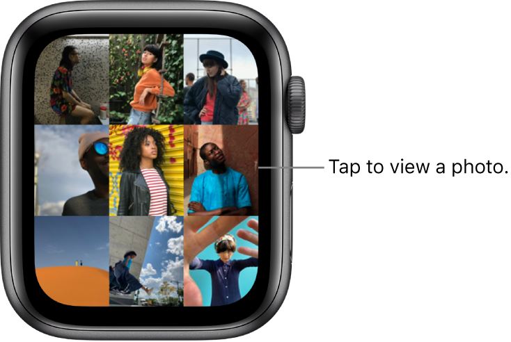 The main screen of the Photos app on Apple Watch, with several photos displayed in a grid.