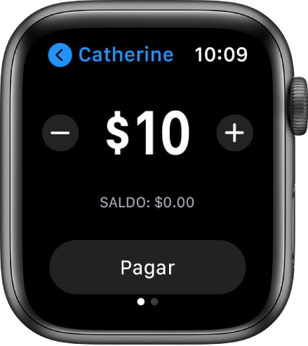 Pantalla de Mensajes mostrando un pago de Apple Cash que se está preparando. Una cantidad en dolares en la parte superior con los botones de menos y mas en cada lado. Debajo se muestra el balance actual y el botón Pagar.