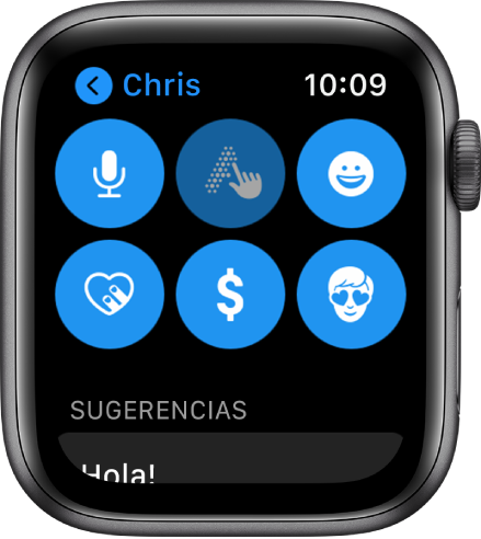 Pantalla de Mensajes mostrando el botón Apple Pay junto con los botones Dictado, Escribir, Emoji, Digital Touch y Memoji.