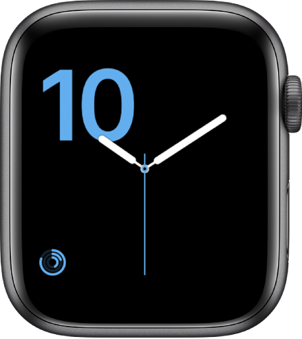 Cadran Chiffres montrant la police ciselée en bleu et une complication Activité en bas à gauche.