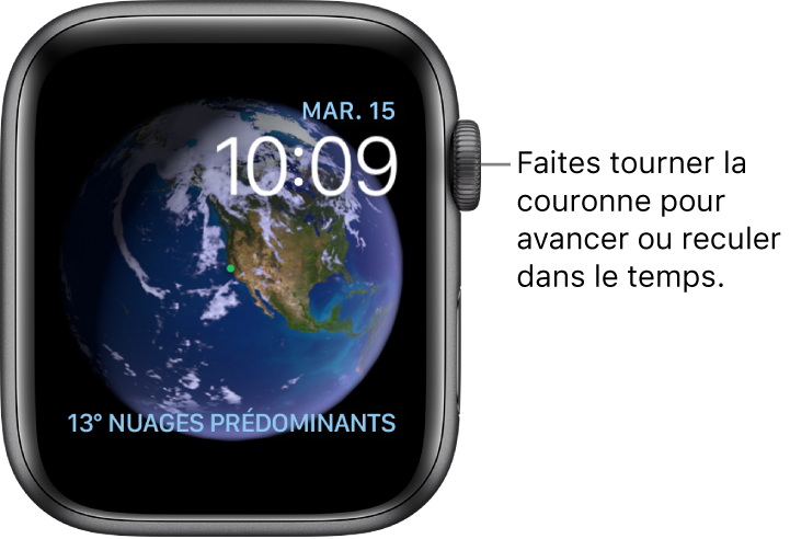 Cadran Astronomie, qui montre le jour, la date et l’heure. Une complication Météo se trouve en bas à droite. Faites tourner la Digital Crown pour avancer ou reculer dans le temps.