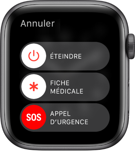 L’écran de l’Apple Watch affiche trois curseurs : Éteindre, Fiche médicale et Appel d’urgence. Faites glisser le curseur Éteindre pour éteindre l’Apple Watch.