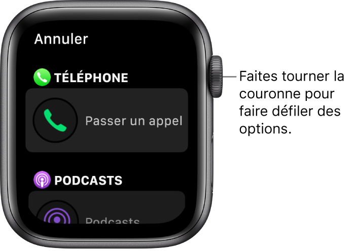 L’écran de personnalisation pour un cadran avec la complication « Passer un appel » mise en évidence. Faites tourner la Digital Crown pour voir des complications.