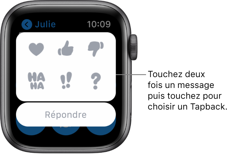 Conversation Messages avec des options Tapback : cœur, pouce vers le haut, vers le bas, Ha Ha, !! et ?. Un bouton de réponse se trouve en dessous.